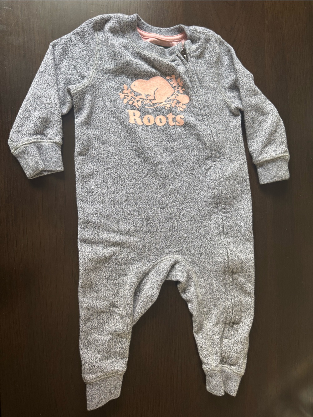 Roots Baby Original Cooper Beaver Romper Salt and Pepper Pink Logo 12-18 Months